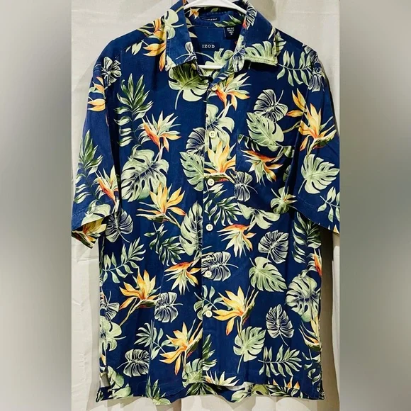 Men’s Izod Hawaiian Jungle Leaf All Over Print Short Sleeve Shirt - Picture 2 of 6